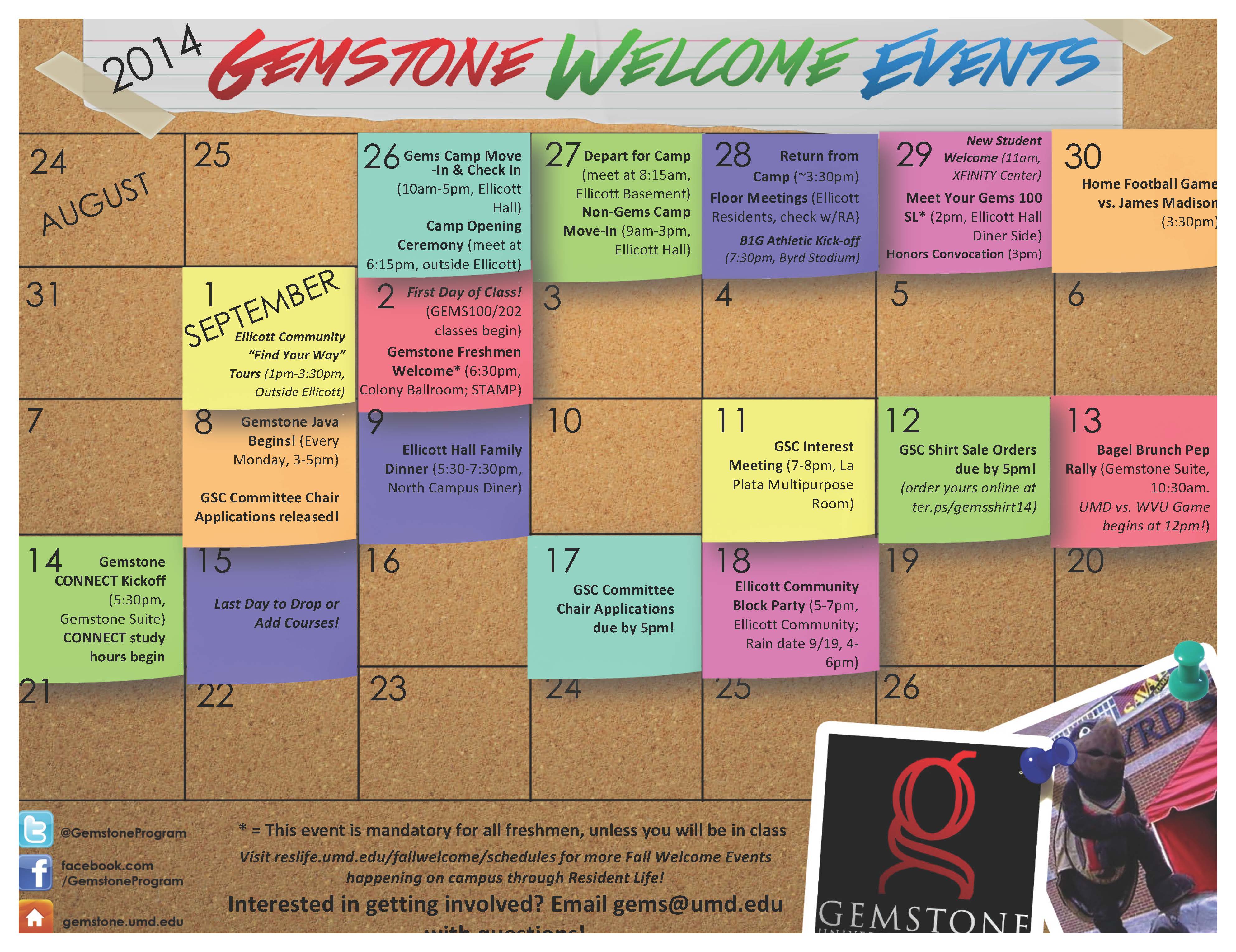 Gemstone Welcome Events Calendar